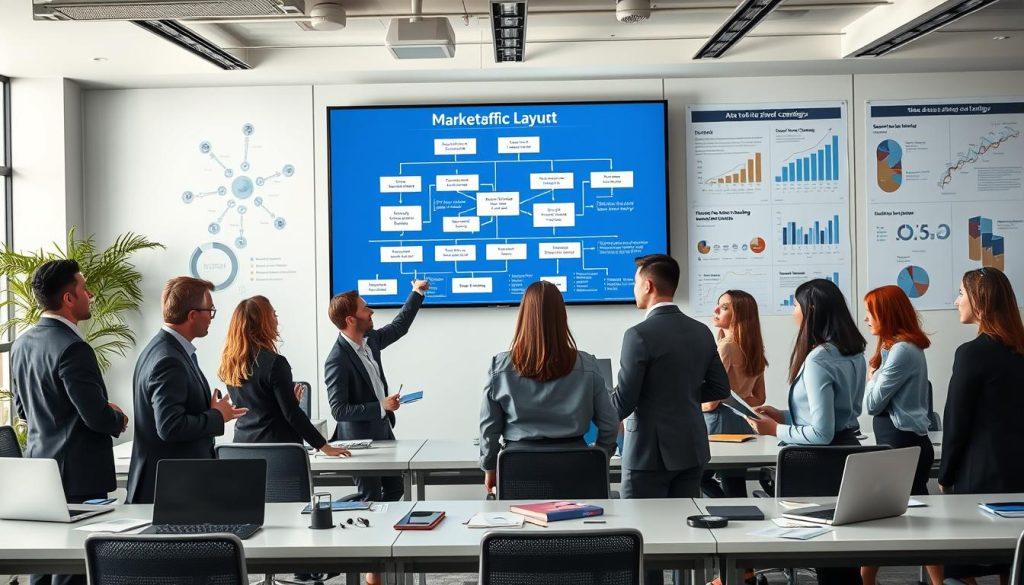 A modern office workspace featuring a large digital screen displaying a flowchart of ad strategies and site traffic layout for a marketing campaign. In the foreground, a diverse group of professionals in smart business attire brainstorm together, with one pointing at the screen and others taking notes. In the middle ground, sleek desks are filled with laptops, notepads, and marketing materials, illustrating an environment of collaboration and strategy. The background showcases a wall with infographics and charts related to online sales trends, illuminated by soft, natural lighting from large windows. The atmosphere feels dynamic and focused, conveying a sense of preparation and innovation for upcoming promotional events. A modern office workspace featuring a large digital screen displaying a flowchart of ad strategies and site traffic layout for a marketing campaign. In the foreground, a diverse group of professionals in smart business attire brainstorm together, with one pointing at the screen and others taking notes. In the middle ground, sleek desks are filled with laptops, notepads, and marketing materials, illustrating an environment of collaboration and strategy. The background showcases a wall with infographics and charts related to online sales trends, illuminated by soft, natural lighting from large windows. The atmosphere feels dynamic and focused, conveying a sense of preparation and innovation for upcoming promotional events.