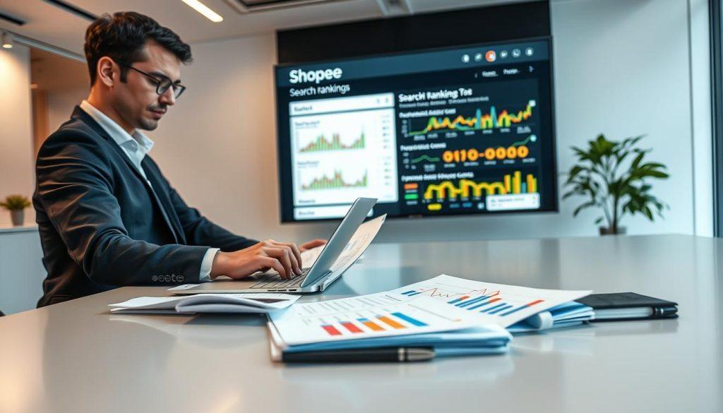 A modern workspace scene showcasing a detailed analysis of Shopee search rankings, highlighting essential optimization factors. In the foreground, a focused professional in business attire examines colorful graphs and data on a laptop and papers strewn across a sleek desk. The middle ground features a large screen displaying key metrics and trends related to search rankings, alongside charts illustrating exposure factors. The background contains a minimalist office environment with soft, ambient lighting creating a conducive atmosphere for focused work. The composition captures a sense of determination and clarity, with a slight lens blur on the background to emphasize the subject's concentration on the task at hand. The image conveys a mood of professionalism and analytical insight into maximizing online visibility. A modern workspace scene showcasing a detailed analysis of Shopee search rankings, highlighting essential optimization factors. In the foreground, a focused professional in business attire examines colorful graphs and data on a laptop and papers strewn across a sleek desk. The middle ground features a large screen displaying key metrics and trends related to search rankings, alongside charts illustrating exposure factors. The background contains a minimalist office environment with soft, ambient lighting creating a conducive atmosphere for focused work. The composition captures a sense of determination and clarity, with a slight lens blur on the background to emphasize the subject's concentration on the task at hand. The image conveys a mood of professionalism and analytical insight into maximizing online visibility.