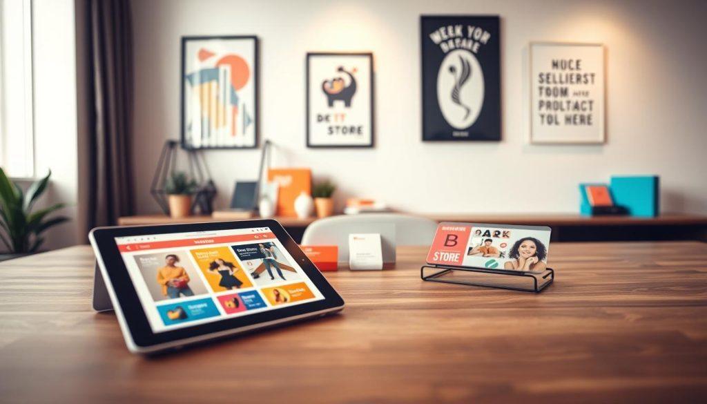 A modern workspace showcasing visual consistency in branding for a small seller's store. In the foreground, a tablet displays a well-designed storefront interface with vibrant product imagery and cohesive colors. The middle features a neatly organized desk with brand materials like business cards and packaging samples, all reflecting a unified color palette. In the background, a stylish wall with framed artwork and brand values enhances the ambience. Soft, diffused lighting illuminates the scene, creating a warm and inviting atmosphere. The angle is slightly tilted down, focusing on the details that communicate professionalism and trustworthiness. The mood is optimistic and inspiring, aiming to portray the essence of effective brand positioning. A modern workspace showcasing visual consistency in branding for a small seller's store. In the foreground, a tablet displays a well-designed storefront interface with vibrant product imagery and cohesive colors. The middle features a neatly organized desk with brand materials like business cards and packaging samples, all reflecting a unified color palette. In the background, a stylish wall with framed artwork and brand values enhances the ambience. Soft, diffused lighting illuminates the scene, creating a warm and inviting atmosphere. The angle is slightly tilted down, focusing on the details that communicate professionalism and trustworthiness. The mood is optimistic and inspiring, aiming to portray the essence of effective brand positioning.