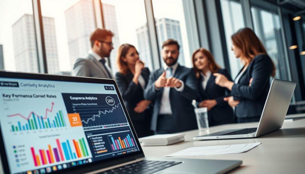 A professional and modern office setting showcasing a digital workspace focused on e-commerce analytics. In the foreground, a laptop screen displays colorful graphs and metrics about response rates and conversion speed, emphasizing data visualization. The middle layer features a diverse group of professionals in smart business attire, collaborating and discussing key performance indicators, with some pointing at the screen. In the background, large windows let in bright, natural light, highlighting a bustling cityscape. Soft, ambient lighting adds a productive atmosphere, while a subtle focus effect blurs background activity slightly to draw attention to the engaged group. The overall mood is dynamic and analytical, capturing the essence of teamwork and data-driven decision making. A professional and modern office setting showcasing a digital workspace focused on e-commerce analytics. In the foreground, a laptop screen displays colorful graphs and metrics about response rates and conversion speed, emphasizing data visualization. The middle layer features a diverse group of professionals in smart business attire, collaborating and discussing key performance indicators, with some pointing at the screen. In the background, large windows let in bright, natural light, highlighting a bustling cityscape. Soft, ambient lighting adds a productive atmosphere, while a subtle focus effect blurs background activity slightly to draw attention to the engaged group. The overall mood is dynamic and analytical, capturing the essence of teamwork and data-driven decision making.