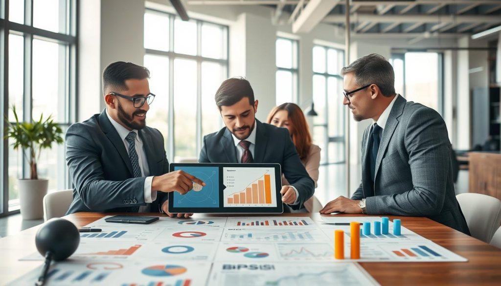 A professional business setting focused on growth milestones for a new store opening. In the foreground, a neatly arranged table is filled with data charts, graphs, and symbolic icons representing key performance indicators like sales, engagement, and customer feedback. The middle layer features a diverse group of three individuals—two men and one woman—dressed in smart business attire, actively discussing strategies over the table, pointing at a digital tablet displaying growth targets. In the background, a bright, modern office with large windows allows natural light to pour in, creating a warm and inspiring atmosphere. The scene conveys a sense of collaboration, dynamism, and forward-thinking energy, suitable for motivating prospective business owners. A professional business setting focused on growth milestones for a new store opening. In the foreground, a neatly arranged table is filled with data charts, graphs, and symbolic icons representing key performance indicators like sales, engagement, and customer feedback. The middle layer features a diverse group of three individuals—two men and one woman—dressed in smart business attire, actively discussing strategies over the table, pointing at a digital tablet displaying growth targets. In the background, a bright, modern office with large windows allows natural light to pour in, creating a warm and inspiring atmosphere. The scene conveys a sense of collaboration, dynamism, and forward-thinking energy, suitable for motivating prospective business owners.