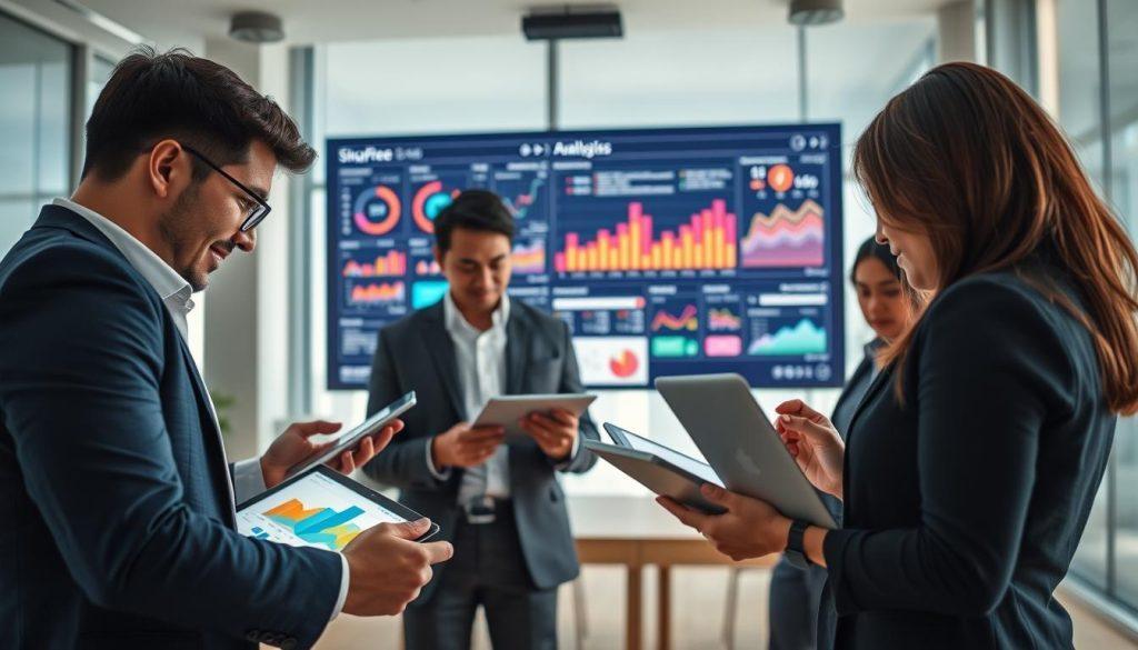 A professional business setting showcasing data analysis related to the Shopee marketplace. In the foreground, a diverse group of three professionals—two men and one woman—analyze colorful charts and graphs on digital tablets and laptops. They are dressed in smart casual attire, embodying a collaborative and focused atmosphere. In the middle ground, a large screen displays detailed data analytics with multiple indicators and trends relevant to the Shopee platform, illuminated by a soft blue light that gives a technological feel. The background features a modern office with large windows letting in bright, natural light, enhancing the mood of productivity and insight. The overall ambiance conveys diligence and a proactive approach to market analysis. A professional business setting showcasing data analysis related to the Shopee marketplace. In the foreground, a diverse group of three professionals—two men and one woman—analyze colorful charts and graphs on digital tablets and laptops. They are dressed in smart casual attire, embodying a collaborative and focused atmosphere. In the middle ground, a large screen displays detailed data analytics with multiple indicators and trends relevant to the Shopee platform, illuminated by a soft blue light that gives a technological feel. The background features a modern office with large windows letting in bright, natural light, enhancing the mood of productivity and insight. The overall ambiance conveys diligence and a proactive approach to market analysis.