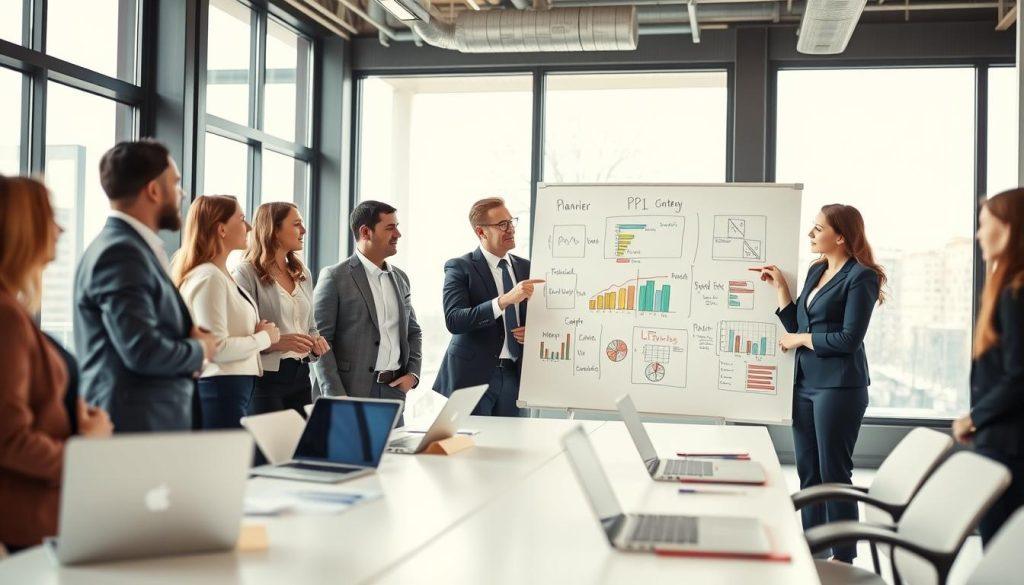 A professional, modern office setting depicting a team of diverse business professionals, both men and women, dressed in smart business attire, collaboratively outlining a KPI planning strategy on a whiteboard. The foreground features a large whiteboard with charts and KPIs drawn in colorful markers, while the team actively discusses and points at the visuals, conveying energy and focus. In the middle, a large conference table with laptops and notebooks scattered around indicates a preparation phase for significant promotional events. The background shows large windows allowing natural light to flood the space, creating a bright and engaging atmosphere. The lens captures a slight depth of field, emphasizing the team while softly blurring the background, facilitating a sense of urgency and professionalism in the planning process. A professional, modern office setting depicting a team of diverse business professionals, both men and women, dressed in smart business attire, collaboratively outlining a KPI planning strategy on a whiteboard. The foreground features a large whiteboard with charts and KPIs drawn in colorful markers, while the team actively discusses and points at the visuals, conveying energy and focus. In the middle, a large conference table with laptops and notebooks scattered around indicates a preparation phase for significant promotional events. The background shows large windows allowing natural light to flood the space, creating a bright and engaging atmosphere. The lens captures a slight depth of field, emphasizing the team while softly blurring the background, facilitating a sense of urgency and professionalism in the planning process.