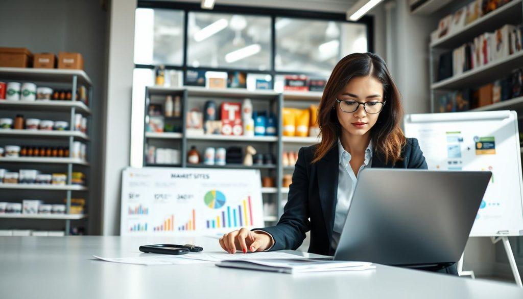 A professional setting focused on market positioning and product selection. In the foreground, a confident businesswoman in smart casual attire sits at a modern office desk, analyzing data on a laptop and reviewing product samples. In the middle ground, a large whiteboard displays colorful charts and graphs related to market trends and product categories. The background features shelves filled with diverse merchandise, illustrating various product options for an online marketplace. Bright, natural lighting filters through large windows, creating an inviting atmosphere that suggests productivity and focus. The composition is shot with a slight low-angle perspective, emphasizing the importance of strategic planning in a bustling e-commerce environment. A professional setting focused on market positioning and product selection. In the foreground, a confident businesswoman in smart casual attire sits at a modern office desk, analyzing data on a laptop and reviewing product samples. In the middle ground, a large whiteboard displays colorful charts and graphs related to market trends and product categories. The background features shelves filled with diverse merchandise, illustrating various product options for an online marketplace. Bright, natural lighting filters through large windows, creating an inviting atmosphere that suggests productivity and focus. The composition is shot with a slight low-angle perspective, emphasizing the importance of strategic planning in a bustling e-commerce environment.