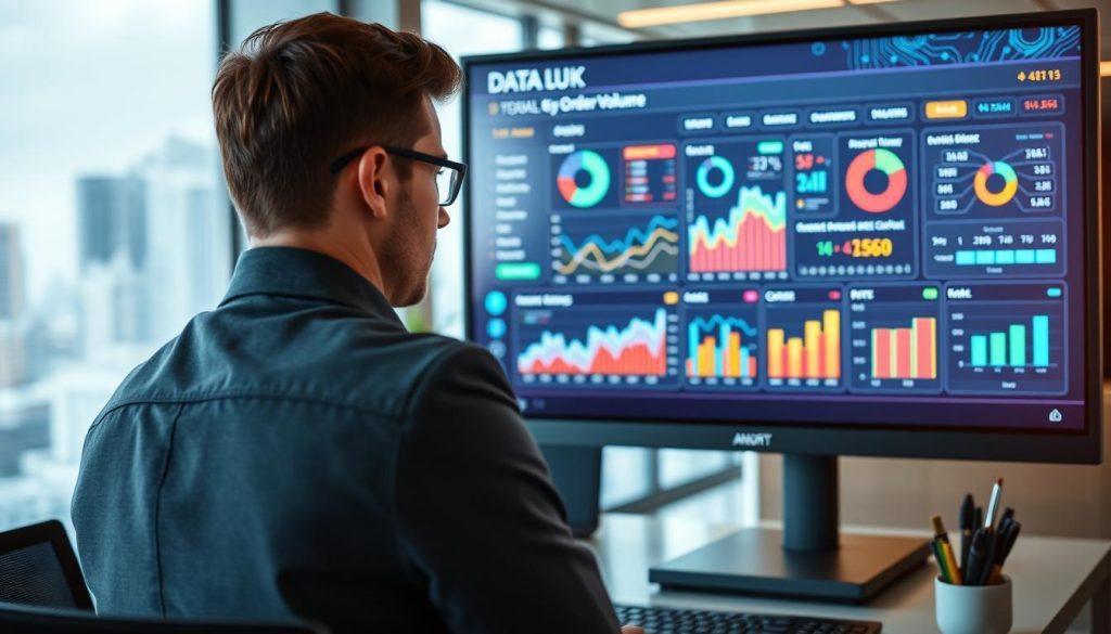 A sleek, modern data analytics dashboard displayed on a large computer screen in an office environment. The foreground features a focused business professional in smart casual attire, intently analyzing key performance metrics represented by colorful graphs and charts. The middle ground showcases the dashboard filled with various data visualizations, including line graphs, bar charts, and pie charts, all highlighting crucial data points beyond order volume. The background includes abstract representations of digital data streams and circuit patterns, emitting a subtle glow to enhance the high-tech atmosphere. The lighting is bright and professional, emanating from a large window with a cityscape view. The overall mood is analytical and forward-thinking, emphasizing the importance of data tracking in business growth. A sleek, modern data analytics dashboard displayed on a large computer screen in an office environment. The foreground features a focused business professional in smart casual attire, intently analyzing key performance metrics represented by colorful graphs and charts. The middle ground showcases the dashboard filled with various data visualizations, including line graphs, bar charts, and pie charts, all highlighting crucial data points beyond order volume. The background includes abstract representations of digital data streams and circuit patterns, emitting a subtle glow to enhance the high-tech atmosphere. The lighting is bright and professional, emanating from a large window with a cityscape view. The overall mood is analytical and forward-thinking, emphasizing the importance of data tracking in business growth.