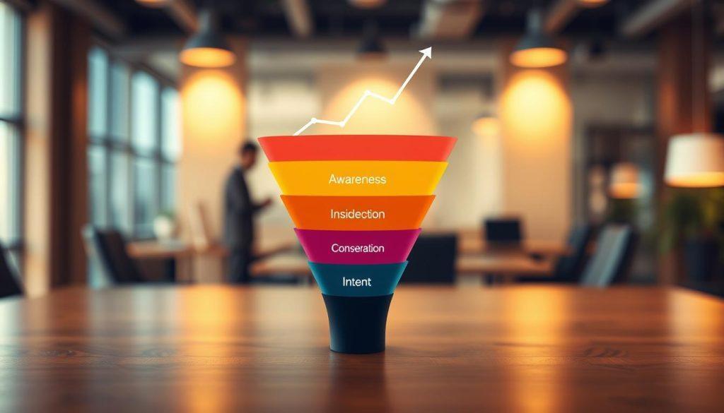 A sleek, modern visualization of a marketing funnel, prominently featuring distinct layers labeled as "Awareness," "Interest," "Consideration," "Intent," and "Conversion." The funnel should be centered in the foreground, vibrant color gradients emphasizing each layer for clarity. In the middle ground, faint silhouettes of graphs and data metrics subtly flow upward, symbolizing growth and analysis, while in the background, a blurred, professional office setting with warm lighting projects a sense of focus and ambition. Use a slight angle with a shallow depth of field to draw attention to the funnel, evoking a mood of strategic planning and insight. The overall atmosphere should be inspiring and forward-thinking, perfect for a business context. A sleek, modern visualization of a marketing funnel, prominently featuring distinct layers labeled as "Awareness," "Interest," "Consideration," "Intent," and "Conversion." The funnel should be centered in the foreground, vibrant color gradients emphasizing each layer for clarity. In the middle ground, faint silhouettes of graphs and data metrics subtly flow upward, symbolizing growth and analysis, while in the background, a blurred, professional office setting with warm lighting projects a sense of focus and ambition. Use a slight angle with a shallow depth of field to draw attention to the funnel, evoking a mood of strategic planning and insight. The overall atmosphere should be inspiring and forward-thinking, perfect for a business context.