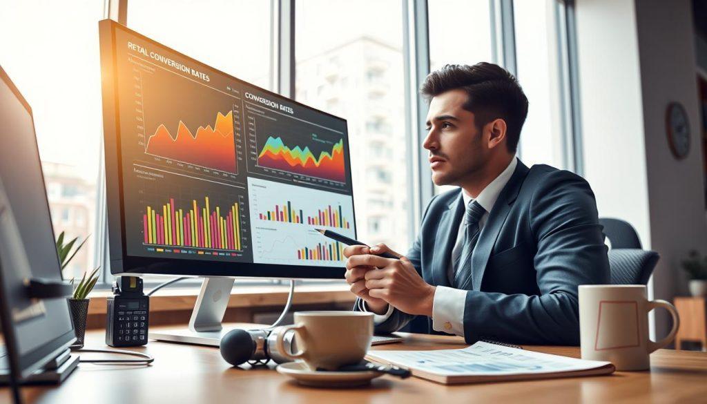 A sleek, modern workspace featuring a computer screen displaying colorful graphs and charts related to conversion rates. The foreground includes a professional, focused businessperson wearing formal attire, studying the data with a pen in hand. In the middle, an organized desk with data analytics tools, a notepad with figures, and a coffee cup, symbolizing an analytical mindset. The background showcases a large window with soft natural light streaming in, illuminating the scene and creating a productive atmosphere. The overall mood is one of diligence and clarity, emphasizing the importance of metrics in a retail context. The angle captures both the person and the data on the screen, highlighting the intersection of human insight and analytical tools. A sleek, modern workspace featuring a computer screen displaying colorful graphs and charts related to conversion rates. The foreground includes a professional, focused businessperson wearing formal attire, studying the data with a pen in hand. In the middle, an organized desk with data analytics tools, a notepad with figures, and a coffee cup, symbolizing an analytical mindset. The background showcases a large window with soft natural light streaming in, illuminating the scene and creating a productive atmosphere. The overall mood is one of diligence and clarity, emphasizing the importance of metrics in a retail context. The angle captures both the person and the data on the screen, highlighting the intersection of human insight and analytical tools.