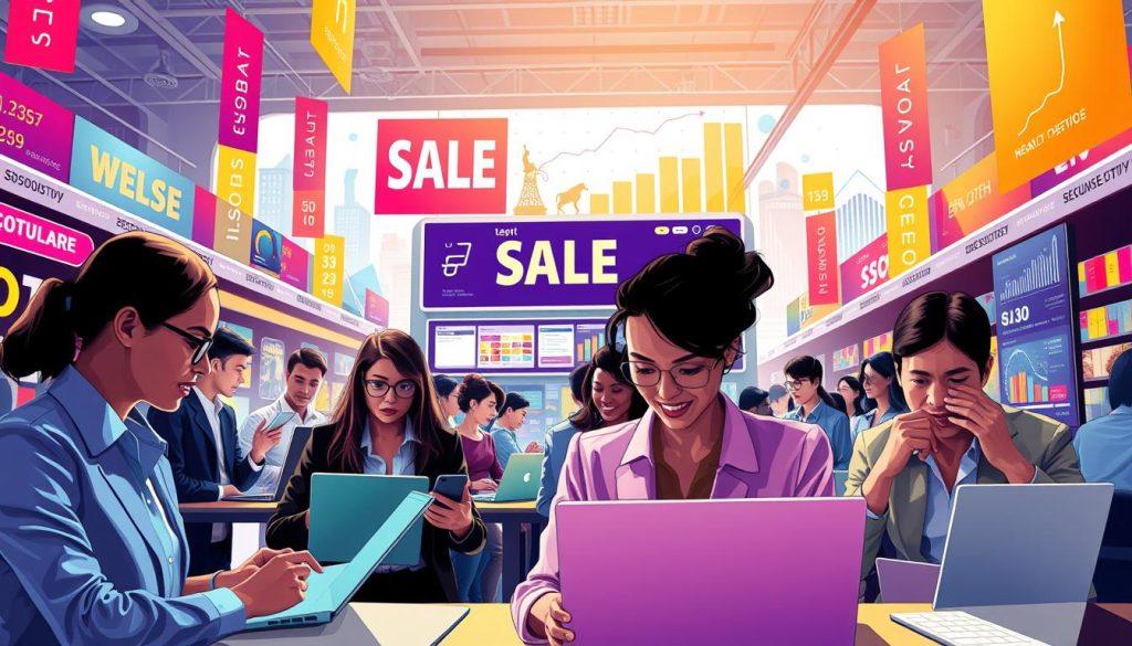 A vibrant and dynamic illustration depicting a bustling online marketplace scene focusing on promotional periods like sales events. In the foreground, a diverse group of individuals in professional business attire enthusiastically engaging with laptops and mobile devices, analyzing data and trends. The middle layer showcases colorful banners advertising seasonal sales and discounts, with various product categories highlighted. In the background, a digital landscape of abstract graphs and charts illustrating website traffic and growth, symbolizing increased engagement. The lighting is bright and inviting, emphasizing a productive and energetic atmosphere. Use a wide-angle lens to capture the action and depth of the scene, conveying a sense of collaboration and opportunity in e-commerce during peak promotional periods. A vibrant and dynamic illustration depicting a bustling online marketplace scene focusing on promotional periods like sales events. In the foreground, a diverse group of individuals in professional business attire enthusiastically engaging with laptops and mobile devices, analyzing data and trends. The middle layer showcases colorful banners advertising seasonal sales and discounts, with various product categories highlighted. In the background, a digital landscape of abstract graphs and charts illustrating website traffic and growth, symbolizing increased engagement. The lighting is bright and inviting, emphasizing a productive and energetic atmosphere. Use a wide-angle lens to capture the action and depth of the scene, conveying a sense of collaboration and opportunity in e-commerce during peak promotional periods.