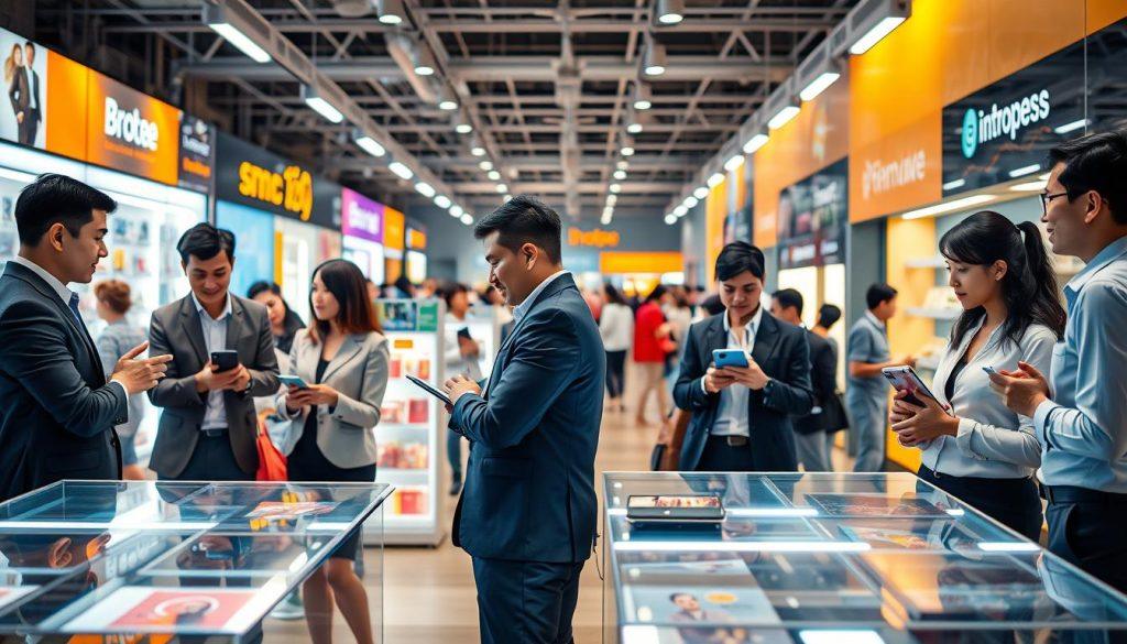 A vibrant and dynamic scene capturing the essence of the Shopee ecosystem in 2026. In the foreground, a diverse group of professional sellers engaged in discussions or collaborating over digital devices, dressed in smart casual business attire. The middle ground showcases various products displayed on sleek virtual shelves, representing a shift from price competition to brand-focused strategies. In the background, a bustling digital marketplace with shoppers browsing, illuminated by warm, inviting lighting that suggests innovation and growth. The atmosphere is energetic, reflecting the trends in e-commerce, with elements like graphs or digital interfaces subtly integrated into the environment to symbolize data-driven decisions. Use a wide-angle lens to create depth and emphasize the interconnectedness of sellers and consumers. A vibrant and dynamic scene capturing the essence of the Shopee ecosystem in 2026. In the foreground, a diverse group of professional sellers engaged in discussions or collaborating over digital devices, dressed in smart casual business attire. The middle ground showcases various products displayed on sleek virtual shelves, representing a shift from price competition to brand-focused strategies. In the background, a bustling digital marketplace with shoppers browsing, illuminated by warm, inviting lighting that suggests innovation and growth. The atmosphere is energetic, reflecting the trends in e-commerce, with elements like graphs or digital interfaces subtly integrated into the environment to symbolize data-driven decisions. Use a wide-angle lens to create depth and emphasize the interconnectedness of sellers and consumers.