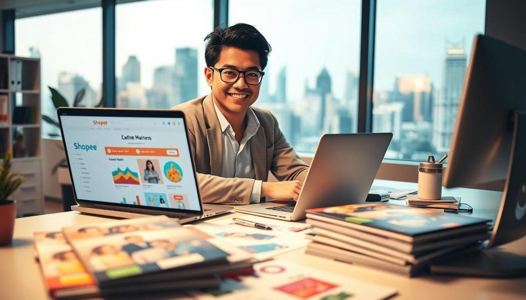 A vibrant digital workspace featuring a confident small business owner at their desk, deeply engaged with a laptop displaying the Shopee shopping platform interface. In the foreground, a collection of creative marketing materials, such as brochures and product mock-ups, reflects innovative differentiation strategies. The middle ground shows a clean and organized workspace filled with soft lighting, enhancing a warm, inviting atmosphere. In the background, a window reveals a bustling cityscape, symbolizing the competitive market. The scene emphasizes collaboration, innovation, and digital presence, with warm tones dominating the image. The focus is sharp on the owner, captured in a professional yet approachable business attire. The overall mood conveys optimism and strategic acumen, illustrating successful exposure and market navigation. A vibrant digital workspace featuring a confident small business owner at their desk, deeply engaged with a laptop displaying the Shopee shopping platform interface. In the foreground, a collection of creative marketing materials, such as brochures and product mock-ups, reflects innovative differentiation strategies. The middle ground shows a clean and organized workspace filled with soft lighting, enhancing a warm, inviting atmosphere. In the background, a window reveals a bustling cityscape, symbolizing the competitive market. The scene emphasizes collaboration, innovation, and digital presence, with warm tones dominating the image. The focus is sharp on the owner, captured in a professional yet approachable business attire. The overall mood conveys optimism and strategic acumen, illustrating successful exposure and market navigation.