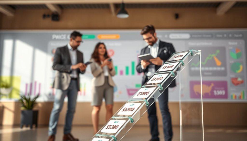 A vibrant, professional illustration of a price ladder concept. In the foreground, a transparent glass ladder with ascending price tags, each labeled with different prices, showcasing a gradient of values from low to high. In the middle ground, small business owners in smart casual attire discuss strategies, analyzing charts and graphs on a digital tablet. The background features a stylized shopping platform interface, emphasizing e-commerce. Soft, natural lighting suggests a productive atmosphere, while a gentle focus on the ladder draws the viewer's attention. The overall mood is strategic and optimistic, reflecting the innovative approach to pricing and profit margins in competitive markets. A vibrant, professional illustration of a price ladder concept. In the foreground, a transparent glass ladder with ascending price tags, each labeled with different prices, showcasing a gradient of values from low to high. In the middle ground, small business owners in smart casual attire discuss strategies, analyzing charts and graphs on a digital tablet. The background features a stylized shopping platform interface, emphasizing e-commerce. Soft, natural lighting suggests a productive atmosphere, while a gentle focus on the ladder draws the viewer's attention. The overall mood is strategic and optimistic, reflecting the innovative approach to pricing and profit margins in competitive markets.