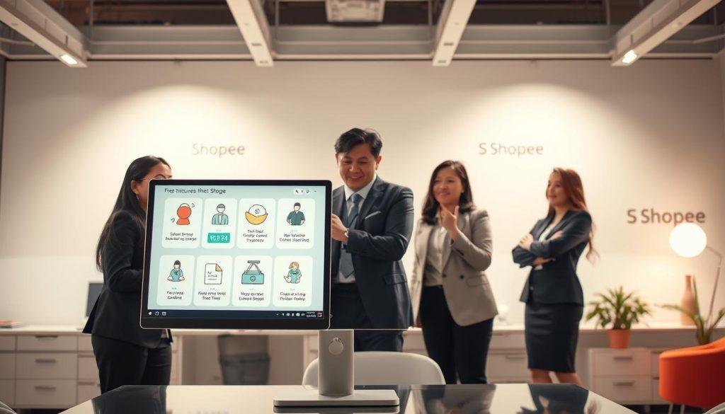 A vibrant, professional scene depicting the concept of "免费曝光" (free exposure) within the context of Shopee's marketplace. In the foreground, showcase a well-organized digital display on a modern computer screen, highlighting various promotional tools and strategies for maximizing visibility. The middle ground features a team of diverse professionals, dressed in smart business attire, actively discussing and strategizing around the screen, with expressions of enthusiasm and collaboration. In the background, a sleek office environment with subtle branding elements reflecting Shopee's aesthetic, illuminated by soft, natural light that creates a warm and inviting atmosphere. The overall mood should convey a sense of empowerment and innovation in online selling strategies. A vibrant, professional scene depicting the concept of "免费曝光" (free exposure) within the context of Shopee's marketplace. In the foreground, showcase a well-organized digital display on a modern computer screen, highlighting various promotional tools and strategies for maximizing visibility. The middle ground features a team of diverse professionals, dressed in smart business attire, actively discussing and strategizing around the screen, with expressions of enthusiasm and collaboration. In the background, a sleek office environment with subtle branding elements reflecting Shopee's aesthetic, illuminated by soft, natural light that creates a warm and inviting atmosphere. The overall mood should convey a sense of empowerment and innovation in online selling strategies.