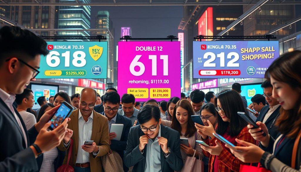 A vibrant scene capturing the essence of the bustling e-commerce promotional season, highlighting key shopping events like 618, Double 11, and Double 12. The foreground features a diverse group of professionals in smart casual attire, enthusiastically engaging with digital devices, analyzing sales data on screens. In the middle, visually striking banners showcase attractive discounts and product offerings, evoking a sense of urgency and excitement. The background is filled with a modern cityscape illuminated by colorful lights, symbolizing the digital marketplace's vibrancy. The atmosphere is energetic and dynamic, with soft, warm lighting to enhance the cheerful mood, creating a sense of anticipation and preparation for these major shopping events. Shot from a slightly elevated angle to provide depth and context to the busy scene. A vibrant scene capturing the essence of the bustling e-commerce promotional season, highlighting key shopping events like 618, Double 11, and Double 12. The foreground features a diverse group of professionals in smart casual attire, enthusiastically engaging with digital devices, analyzing sales data on screens. In the middle, visually striking banners showcase attractive discounts and product offerings, evoking a sense of urgency and excitement. The background is filled with a modern cityscape illuminated by colorful lights, symbolizing the digital marketplace's vibrancy. The atmosphere is energetic and dynamic, with soft, warm lighting to enhance the cheerful mood, creating a sense of anticipation and preparation for these major shopping events. Shot from a slightly elevated angle to provide depth and context to the busy scene.