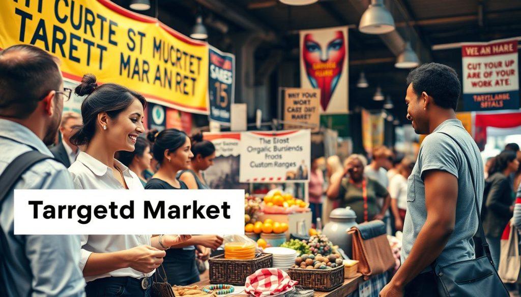 A vibrant visual representation of a diverse group of small business owners at a busy market stall, actively engaging with customers while showcasing unique niche products. In the foreground, a female vendor wearing professional casual clothing enthusiastically explains her handcrafted items to an interested customer. The middle ground features a colorful display of various niche goods, such as artisanal crafts, organic foods, and custom-designed accessories, drawing attention from a small crowd. The background captures a bustling marketplace atmosphere with banners and signs promoting special deals, enhanced by warm, natural lighting that conveys a sense of community and opportunity. The overall mood is lively and optimistic, illustrating the theme of targeted market strategies. A vibrant visual representation of a diverse group of small business owners at a busy market stall, actively engaging with customers while showcasing unique niche products. In the foreground, a female vendor wearing professional casual clothing enthusiastically explains her handcrafted items to an interested customer. The middle ground features a colorful display of various niche goods, such as artisanal crafts, organic foods, and custom-designed accessories, drawing attention from a small crowd. The background captures a bustling marketplace atmosphere with banners and signs promoting special deals, enhanced by warm, natural lighting that conveys a sense of community and opportunity. The overall mood is lively and optimistic, illustrating the theme of targeted market strategies.
