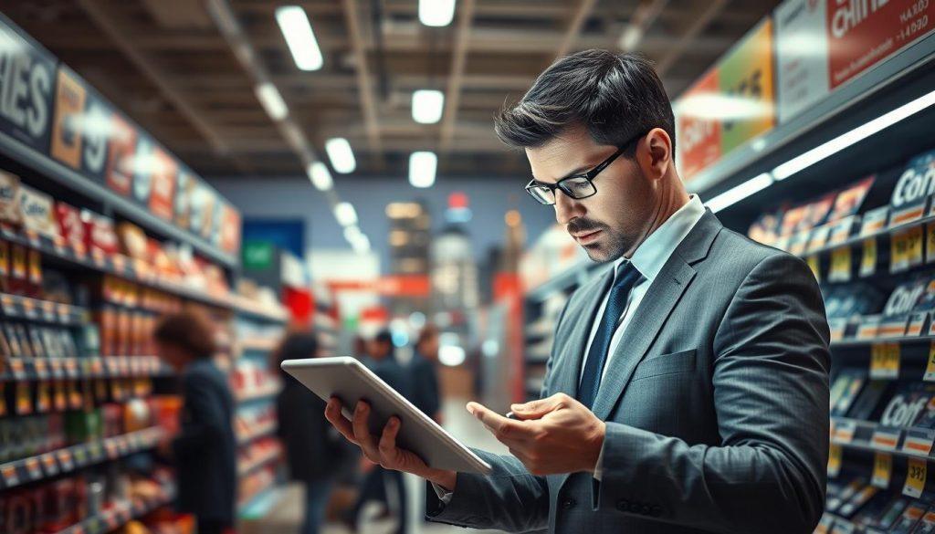 A visual representation of "profit compression" in an e-commerce context, featuring a bustling online marketplace scene. In the foreground, a concerned shop owner in professional business attire examines a digital tablet, displaying declining profit graphs and price tags. The middle ground showcases shelves filled with products, symbolizing intense competition, with price tags visibly slashed to illustrate price wars. In the background, a soft-focus skyline of an urban environment suggests a vibrant digital economy. Bright, fluorescent lighting enhances the stark contrast between rich and reduced profit margins, creating a tense atmosphere. The overall mood conveys urgency and concern about the future of retail strategies amidst rising price competition. No text or branding in the image. A visual representation of "profit compression" in an e-commerce context, featuring a bustling online marketplace scene. In the foreground, a concerned shop owner in professional business attire examines a digital tablet, displaying declining profit graphs and price tags. The middle ground showcases shelves filled with products, symbolizing intense competition, with price tags visibly slashed to illustrate price wars. In the background, a soft-focus skyline of an urban environment suggests a vibrant digital economy. Bright, fluorescent lighting enhances the stark contrast between rich and reduced profit margins, creating a tense atmosphere. The overall mood conveys urgency and concern about the future of retail strategies amidst rising price competition. No text or branding in the image.