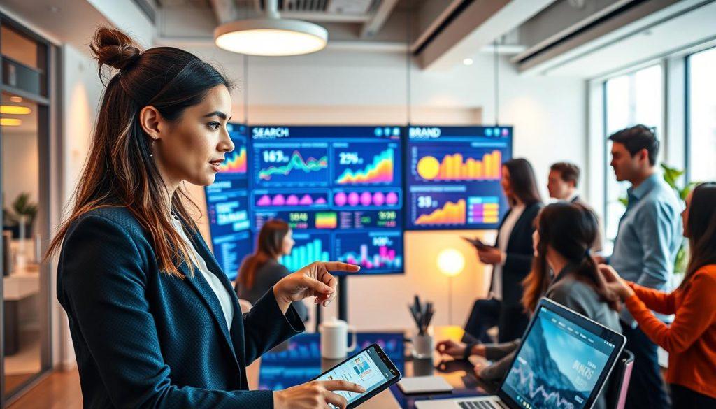 A visually dynamic and modern workspace, showcasing a diverse group of professionals engaged with digital devices, analyzing data on screens that depict graphs and brand performance metrics. In the foreground, a focused woman in professional attire is pointing at a digital interface, illustrating traffic flow and marketing strategies. The middle ground features a collaborative setting with team members discussing ideas over a large screen displaying vibrant charts of search, recommendations, and promotional activities. The background includes sleek office design with vibrant colors and soft lighting creating an optimistic atmosphere. The perspective should be slightly angled downward, highlighting the interplay of technology and teamwork, evoking a sense of innovation and strategic thinking. A visually dynamic and modern workspace, showcasing a diverse group of professionals engaged with digital devices, analyzing data on screens that depict graphs and brand performance metrics. In the foreground, a focused woman in professional attire is pointing at a digital interface, illustrating traffic flow and marketing strategies. The middle ground features a collaborative setting with team members discussing ideas over a large screen displaying vibrant charts of search, recommendations, and promotional activities. The background includes sleek office design with vibrant colors and soft lighting creating an optimistic atmosphere. The perspective should be slightly angled downward, highlighting the interplay of technology and teamwork, evoking a sense of innovation and strategic thinking.