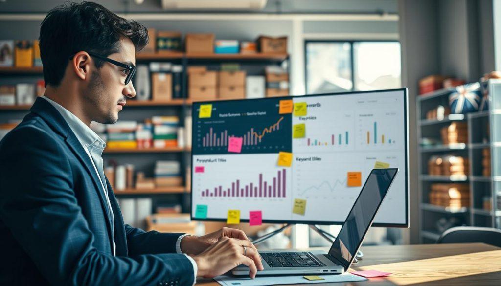A visually engaging and professional scene depicting a person in smart casual attire analyzing product titles and keywords for e-commerce optimization. In the foreground, a focused individual with a laptop, surrounded by colorful sticky notes and charts that illustrate keyword strategies. In the middle, a large screen displays a data analytics dashboard with graphs and metrics related to online visibility. In the background, softly blurred shelves filled with various products convey a bustling marketplace atmosphere. Natural lighting streams in from a nearby window, casting soft shadows and creating an inviting, productive mood. The overall composition emphasizes a strategic approach to enhancing search visibility in e-commerce. A visually engaging and professional scene depicting a person in smart casual attire analyzing product titles and keywords for e-commerce optimization. In the foreground, a focused individual with a laptop, surrounded by colorful sticky notes and charts that illustrate keyword strategies. In the middle, a large screen displays a data analytics dashboard with graphs and metrics related to online visibility. In the background, softly blurred shelves filled with various products convey a bustling marketplace atmosphere. Natural lighting streams in from a nearby window, casting soft shadows and creating an inviting, productive mood. The overall composition emphasizes a strategic approach to enhancing search visibility in e-commerce.