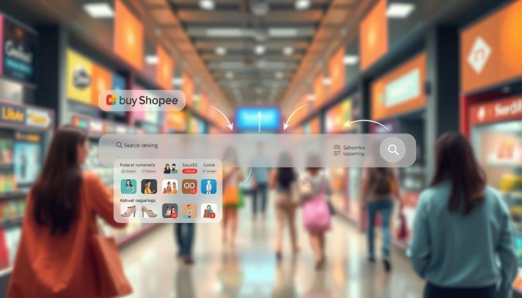 A visually engaging digital illustration depicting the concept of "Shopee search ranking" as a dynamic flowchart. In the foreground, a stylized search bar with animated search results, showcasing diverse product thumbnails that represent various categories sold on Shopee. The middle layer includes arrows illustrating the connections between search queries, algorithms, and user interactions, symbolizing how traffic flows within the platform. The background features a vibrant digital marketplace setting, with abstract representations of online shoppers engaged in the buying process. Use soft, ambient lighting to create a professional and inviting atmosphere, with a slight depth of field to draw attention to the search bar. The overall mood should be informative and energetic, highlighting the importance of understanding internal traffic logic on e-commerce platforms. A visually engaging digital illustration depicting the concept of "Shopee search ranking" as a dynamic flowchart. In the foreground, a stylized search bar with animated search results, showcasing diverse product thumbnails that represent various categories sold on Shopee. The middle layer includes arrows illustrating the connections between search queries, algorithms, and user interactions, symbolizing how traffic flows within the platform. The background features a vibrant digital marketplace setting, with abstract representations of online shoppers engaged in the buying process. Use soft, ambient lighting to create a professional and inviting atmosphere, with a slight depth of field to draw attention to the search bar. The overall mood should be informative and energetic, highlighting the importance of understanding internal traffic logic on e-commerce platforms.