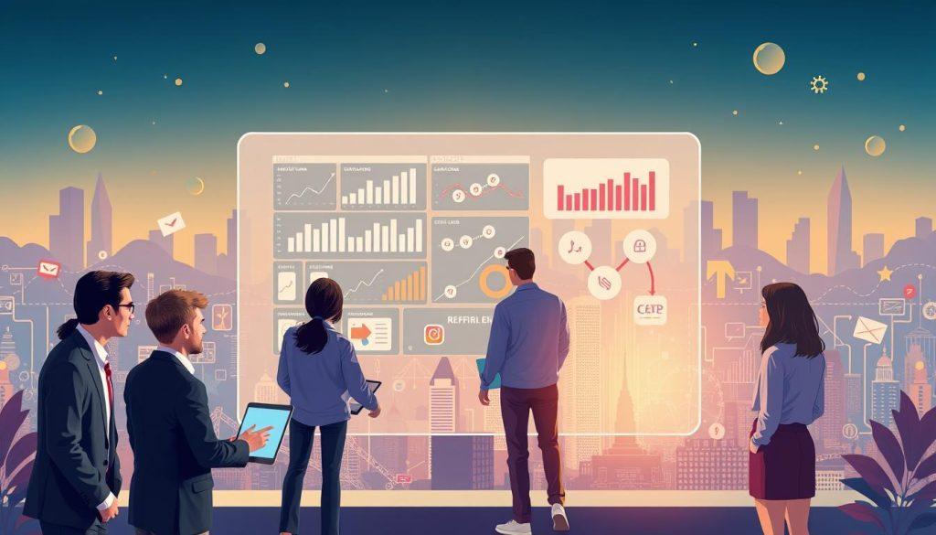 A visually engaging illustration depicting the concept of "traffic sources" for an online marketplace, set within a vibrant digital landscape. In the foreground, a diverse group of professionals in business attire collaborate around a large digital screen displaying various graphs and charts representing traffic data. The middle ground features a stylized representation of a digital marketplace, with icons symbolizing social media platforms, search engines, and referral links. The background shows a cityscape made of abstract shapes, symbolizing the vast online presence. The scene is illuminated by soft, warm lighting that conveys a sense of optimism and opportunity. Capture the essence of collaboration, analysis, and strategy in a modern, professional atmosphere. A visually engaging illustration depicting the concept of "traffic sources" for an online marketplace, set within a vibrant digital landscape. In the foreground, a diverse group of professionals in business attire collaborate around a large digital screen displaying various graphs and charts representing traffic data. The middle ground features a stylized representation of a digital marketplace, with icons symbolizing social media platforms, search engines, and referral links. The background shows a cityscape made of abstract shapes, symbolizing the vast online presence. The scene is illuminated by soft, warm lighting that conveys a sense of optimism and opportunity. Capture the essence of collaboration, analysis, and strategy in a modern, professional atmosphere.