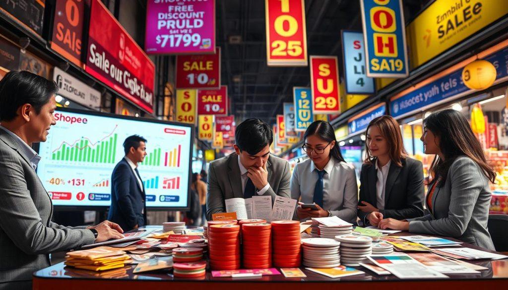 A visually engaging image illustrating "Pricing Strategy" within a vibrant market context. In the foreground, a diverse group of professionals dressed in smart business attire is gathered around a table filled with colorful promotional materials such as discount tags, Shopee coins, and shipping vouchers. The middle ground features a large digital screen displaying dynamic graphs and charts analyzing pricing trends and discount strategies. In the background, a bustling street market environment is depicted with banners showcasing sales events, creating an energetic atmosphere. Soft, bright lighting enhances the scene, capturing the excitement of shopping events. The angle is slightly elevated, providing a comprehensive view of the collaborative effort in designing effective pricing and discount strategies during major sales. A visually engaging image illustrating "Pricing Strategy" within a vibrant market context. In the foreground, a diverse group of professionals dressed in smart business attire is gathered around a table filled with colorful promotional materials such as discount tags, Shopee coins, and shipping vouchers. The middle ground features a large digital screen displaying dynamic graphs and charts analyzing pricing trends and discount strategies. In the background, a bustling street market environment is depicted with banners showcasing sales events, creating an energetic atmosphere. Soft, bright lighting enhances the scene, capturing the excitement of shopping events. The angle is slightly elevated, providing a comprehensive view of the collaborative effort in designing effective pricing and discount strategies during major sales.