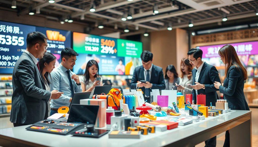 A visually striking image illustrating "選品策略" (Product Selection Strategy) in a modern marketplace setting. In the foreground, a diverse group of professionals in business attire collaboratively discussing and analyzing various product samples on a sleek table. The middle layer features a well-organized display of vibrant, contrasting products, such as electronics, fashion items, and home goods, each showcasing their appeal for promotional events. In the background, large digital screens display sales statistics and trending products, enhancing the scene's dynamic feel. Soft, warm lighting creates an inviting atmosphere, while a slight depth of field keeps the focus on the engaged team. The overall mood is energetic and strategic, embodying the essence of effective product selection during big sale events. A visually striking image illustrating "選品策略" (Product Selection Strategy) in a modern marketplace setting. In the foreground, a diverse group of professionals in business attire collaboratively discussing and analyzing various product samples on a sleek table. The middle layer features a well-organized display of vibrant, contrasting products, such as electronics, fashion items, and home goods, each showcasing their appeal for promotional events. In the background, large digital screens display sales statistics and trending products, enhancing the scene's dynamic feel. Soft, warm lighting creates an inviting atmosphere, while a slight depth of field keeps the focus on the engaged team. The overall mood is energetic and strategic, embodying the essence of effective product selection during big sale events.