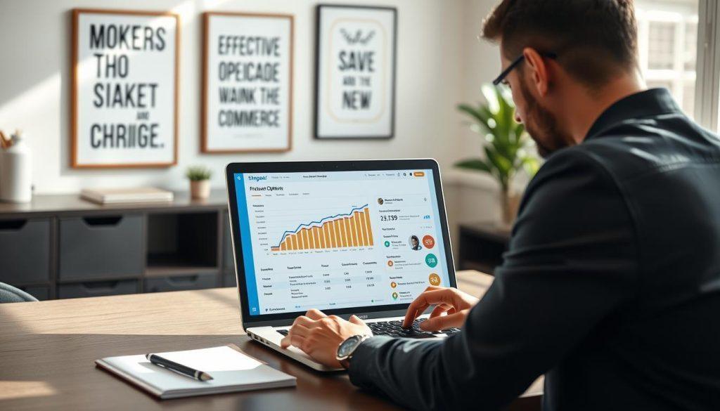 A well-organized digital workspace featuring a laptop open to a product page on the Shopee platform, illustrating effective product optimization techniques. In the foreground, a professional individual wearing business casual attire is intently analyzing data and keywords on the laptop screen, with a notepad and pen beside them. In the middle ground, a colorful chart displaying conversion rates and SEO metrics is partially visible on the screen. The background showcases minimalist decor with motivational posters related to e-commerce success. Natural daylight filters through a window, casting soft shadows, creating an inspiring atmosphere of productivity and focus, ideal for digital marketing discussions. The angle is slightly elevated to emphasize both the person and the laptop screen. A well-organized digital workspace featuring a laptop open to a product page on the Shopee platform, illustrating effective product optimization techniques. In the foreground, a professional individual wearing business casual attire is intently analyzing data and keywords on the laptop screen, with a notepad and pen beside them. In the middle ground, a colorful chart displaying conversion rates and SEO metrics is partially visible on the screen. The background showcases minimalist decor with motivational posters related to e-commerce success. Natural daylight filters through a window, casting soft shadows, creating an inspiring atmosphere of productivity and focus, ideal for digital marketing discussions. The angle is slightly elevated to emphasize both the person and the laptop screen.