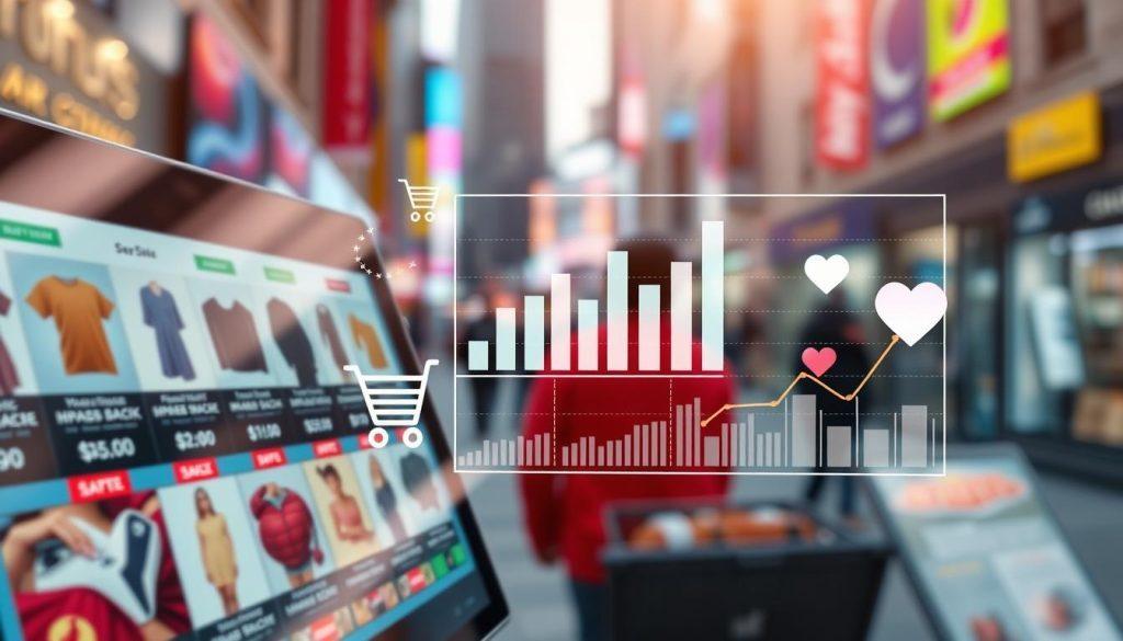 Create a visually engaging representation of "demand signals" in a digital marketplace context. In the foreground, depict a modern online shopping interface displaying various product thumbnails with vibrant colors and prices highlighted. In the middle ground, visualize graphical elements like bar charts and line graphs, illustrating the concepts of add-to-cart and favorite indicators, integrating icons of carts and hearts. Include a blurred background of a bustling metropolitan environment, suggesting the online shopping ecosystem. Use soft, natural lighting to create an inviting atmosphere, with a focus on clear, sharp lines. Capture a sense of urgency and opportunity, as if illustrating the competitive edge gained through understanding early demand signals. Create a visually engaging representation of "demand signals" in a digital marketplace context. In the foreground, depict a modern online shopping interface displaying various product thumbnails with vibrant colors and prices highlighted. In the middle ground, visualize graphical elements like bar charts and line graphs, illustrating the concepts of add-to-cart and favorite indicators, integrating icons of carts and hearts. Include a blurred background of a bustling metropolitan environment, suggesting the online shopping ecosystem. Use soft, natural lighting to create an inviting atmosphere, with a focus on clear, sharp lines. Capture a sense of urgency and opportunity, as if illustrating the competitive edge gained through understanding early demand signals.