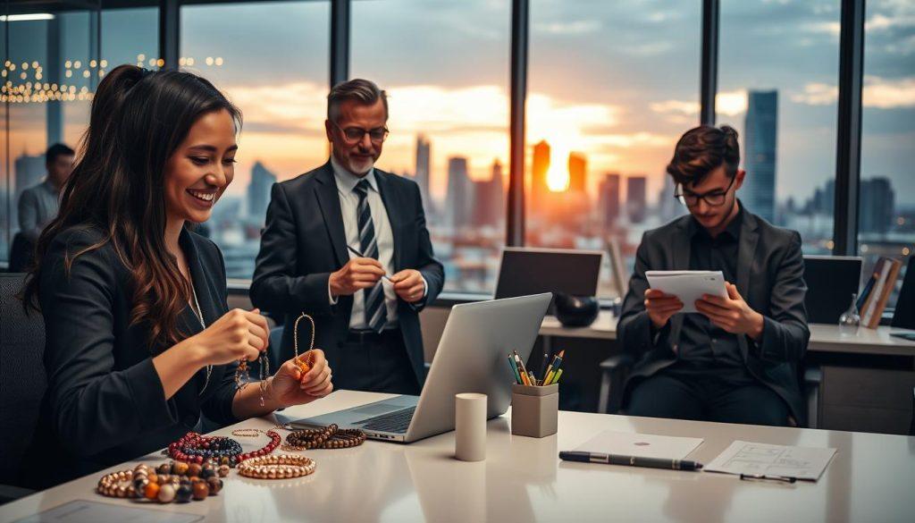 A bustling urban office environment at dusk, showcasing a group of diverse office workers engaging in different side hustles after hours. In the foreground, a young professional woman in business casual attire is happily crafting handmade jewelry at a sleek desk, surrounded by materials. In the middle, a middle-aged man in formal attire is video conferencing with colleagues on his laptop, while a young man is sketching designs for a mobile app. The background reveals a city skyline with twinkling lights and a setting sun, creating a warm and optimistic atmosphere. Soft, ambient lighting enhances the scene, capturing the essence of hard work and entrepreneurial spirit among office workers seeking additional income opportunities. A bustling urban office environment at dusk, showcasing a group of diverse office workers engaging in different side hustles after hours. In the foreground, a young professional woman in business casual attire is happily crafting handmade jewelry at a sleek desk, surrounded by materials. In the middle, a middle-aged man in formal attire is video conferencing with colleagues on his laptop, while a young man is sketching designs for a mobile app. The background reveals a city skyline with twinkling lights and a setting sun, creating a warm and optimistic atmosphere. Soft, ambient lighting enhances the scene, capturing the essence of hard work and entrepreneurial spirit among office workers seeking additional income opportunities.