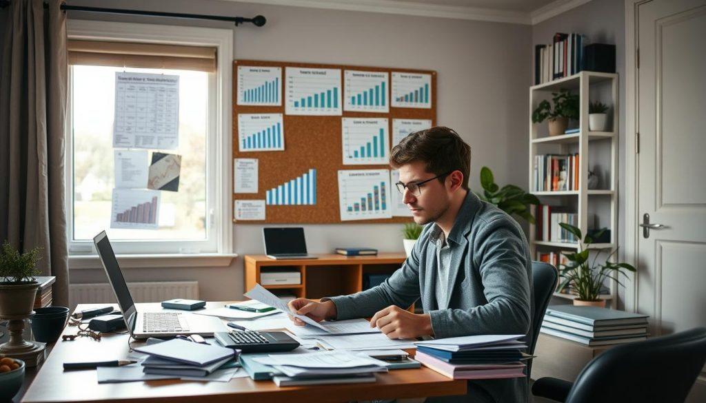 A cozy home office scene depicting a freelancer evaluating their income and emergency savings. In the foreground, a focused individual in smart casual clothing is working at a desk cluttered with financial documents, a laptop, and a calculator. The middle ground shows a large window allowing soft, natural light to illuminate the space, creating a warm atmosphere. Various charts and graphs indicating income projections and savings plans are pinned on a corkboard behind them. In the background, shelves filled with books and plants add an inviting touch. The overall mood is contemplative yet optimistic, conveying a sense of preparedness and professionalism for the freelance journey ahead. A cozy home office scene depicting a freelancer evaluating their income and emergency savings. In the foreground, a focused individual in smart casual clothing is working at a desk cluttered with financial documents, a laptop, and a calculator. The middle ground shows a large window allowing soft, natural light to illuminate the space, creating a warm atmosphere. Various charts and graphs indicating income projections and savings plans are pinned on a corkboard behind them. In the background, shelves filled with books and plants add an inviting touch. The overall mood is contemplative yet optimistic, conveying a sense of preparedness and professionalism for the freelance journey ahead.