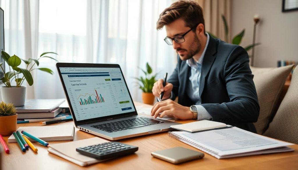 A cozy home office scene featuring a focused freelancer analyzing monthly expenditures and income on a laptop. In the foreground, a workspace cluttered with a notebook, colorful pens, and a calculator. The middle ground shows a person dressed in smart casual attire, deeply engaged in writing notes on a financial spreadsheet, with charts and graphs visible on the screen. The background has a window revealing a soft, natural light filtering through sheer curtains, creating a calm atmosphere. The overall mood should be productive and organized, reflecting the importance of financial preparation for freelancers. Include a plant on the desk to add a touch of life to the environment. A cozy home office scene featuring a focused freelancer analyzing monthly expenditures and income on a laptop. In the foreground, a workspace cluttered with a notebook, colorful pens, and a calculator. The middle ground shows a person dressed in smart casual attire, deeply engaged in writing notes on a financial spreadsheet, with charts and graphs visible on the screen. The background has a window revealing a soft, natural light filtering through sheer curtains, creating a calm atmosphere. The overall mood should be productive and organized, reflecting the importance of financial preparation for freelancers. Include a plant on the desk to add a touch of life to the environment.