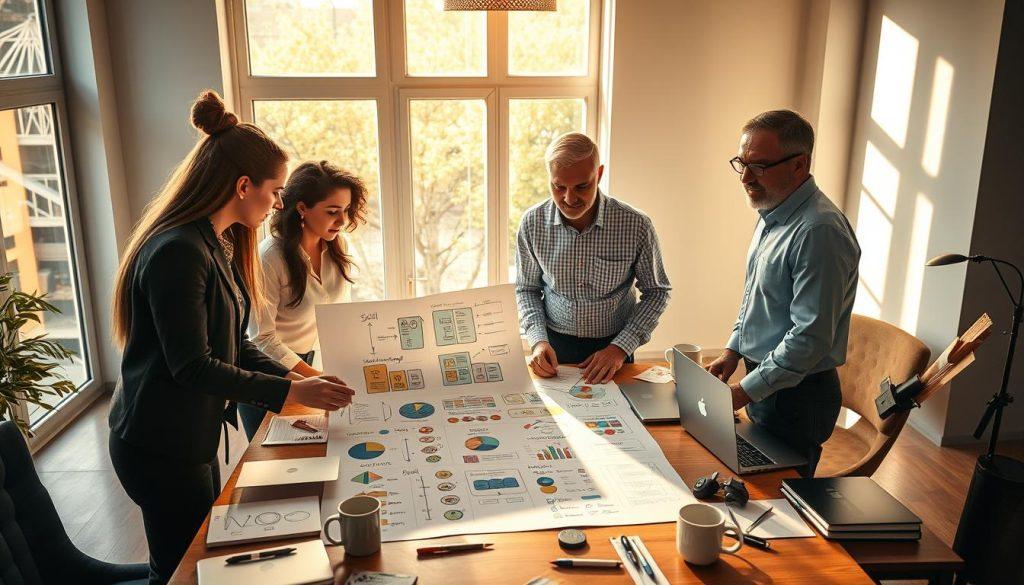 A creative workspace depicting a professional freelancer's skill assessment and service design. In the foreground, a diverse group of individuals, including a young woman and a middle-aged man, are engaged in brainstorming over a large sheet of paper covered with colorful skill icons and service ideas, all dressed in smart casual attire. The middle layer features a desk cluttered with laptops, notepads, and coffee cups, suggesting an active work environment. In the background, large windows allow warm natural light to flood the space, creating an inspiring atmosphere. Soft shadows play across the room, enhancing its depth. The overall mood is collaborative and productive, inviting viewers into the world of freelance service design for beginners, emphasizing creativity and organization. A creative workspace depicting a professional freelancer's skill assessment and service design. In the foreground, a diverse group of individuals, including a young woman and a middle-aged man, are engaged in brainstorming over a large sheet of paper covered with colorful skill icons and service ideas, all dressed in smart casual attire. The middle layer features a desk cluttered with laptops, notepads, and coffee cups, suggesting an active work environment. In the background, large windows allow warm natural light to flood the space, creating an inspiring atmosphere. Soft shadows play across the room, enhancing its depth. The overall mood is collaborative and productive, inviting viewers into the world of freelance service design for beginners, emphasizing creativity and organization.