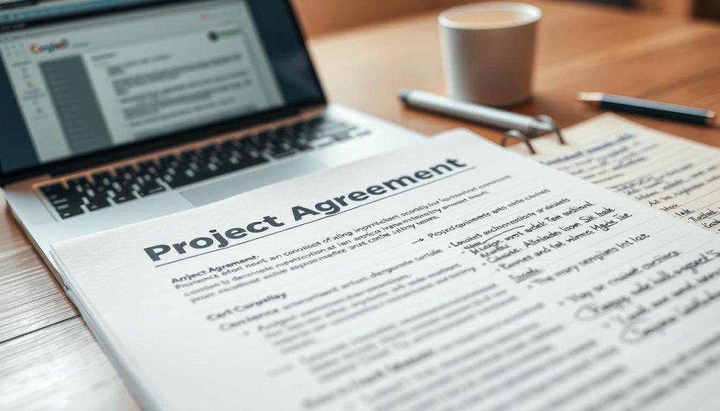 A detailed and organized workspace featuring a close-up view of a contract document titled "Project Agreement" with clear sections on deliverables and payment terms. Beside it, a notepad filled with handwritten notes that outline changes and additional requirements, symbolizing alterations to the initial agreement. In the background, a laptop displays a professional email discussing project updates. Soft, natural lighting creates a warm atmosphere, enhancing the professionalism of the scene. Use a shallow depth of field to blur the background slightly while maintaining clarity on the contract and notes in the foreground. The mood conveys diligence and careful planning, reflecting a freelancer's commitment to handling project disputes effectively. A detailed and organized workspace featuring a close-up view of a contract document titled "Project Agreement" with clear sections on deliverables and payment terms. Beside it, a notepad filled with handwritten notes that outline changes and additional requirements, symbolizing alterations to the initial agreement. In the background, a laptop displays a professional email discussing project updates. Soft, natural lighting creates a warm atmosphere, enhancing the professionalism of the scene. Use a shallow depth of field to blur the background slightly while maintaining clarity on the contract and notes in the foreground. The mood conveys diligence and careful planning, reflecting a freelancer's commitment to handling project disputes effectively.