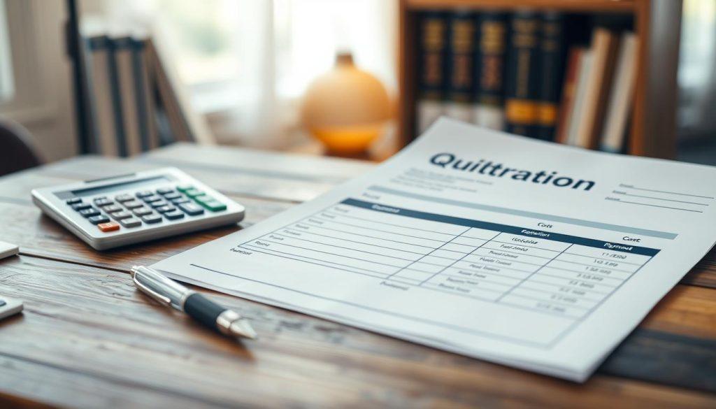 A detailed, stylish quotation template displayed on a rustic wooden desk with a clean, professional aesthetic. The foreground features a well-organized document, showcasing designated sections for costs and payment details, with clear, structured lines and placeholders for logos and client information. The middle ground includes a modern calculator and a sleek pen, suggesting a workspace ready for negotiation. In the background, soft, diffused lighting illuminates the scene, creating a warm, inviting atmosphere. A blurred bookshelf with business reference books hints at professionalism. The overall mood should convey clarity, organization, and a sense of strategic thinking, ideal for a business context. A detailed, stylish quotation template displayed on a rustic wooden desk with a clean, professional aesthetic. The foreground features a well-organized document, showcasing designated sections for costs and payment details, with clear, structured lines and placeholders for logos and client information. The middle ground includes a modern calculator and a sleek pen, suggesting a workspace ready for negotiation. In the background, soft, diffused lighting illuminates the scene, creating a warm, inviting atmosphere. A blurred bookshelf with business reference books hints at professionalism. The overall mood should convey clarity, organization, and a sense of strategic thinking, ideal for a business context.