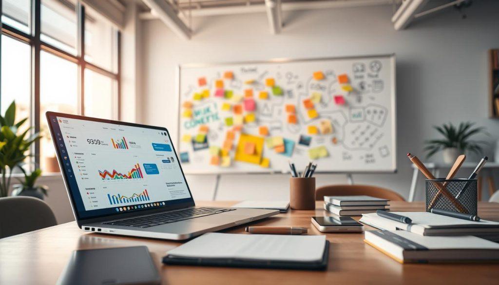 A digitally rendered workspace showcasing an organized proposal and project management tools for freelancers. In the foreground, a sleek laptop open to a colorful dashboard displaying charts and progress indicators. Beside it, a neatly arranged set of stationery including notebooks, pens, and a smartphone. The middle ground features a brainstorming whiteboard filled with colorful sticky notes and diagrams, illustrating efficient collaboration techniques. The background presents a bright, modern office space with large windows letting in natural light, creating a warm and inviting atmosphere. Use soft focus on the background to enhance the clarity of the foreground elements. The overall mood should be inspiring and productive, emphasizing the theme of maximizing skill monetization through effective tools. A digitally rendered workspace showcasing an organized proposal and project management tools for freelancers. In the foreground, a sleek laptop open to a colorful dashboard displaying charts and progress indicators. Beside it, a neatly arranged set of stationery including notebooks, pens, and a smartphone. The middle ground features a brainstorming whiteboard filled with colorful sticky notes and diagrams, illustrating efficient collaboration techniques. The background presents a bright, modern office space with large windows letting in natural light, creating a warm and inviting atmosphere. Use soft focus on the background to enhance the clarity of the foreground elements. The overall mood should be inspiring and productive, emphasizing the theme of maximizing skill monetization through effective tools.
