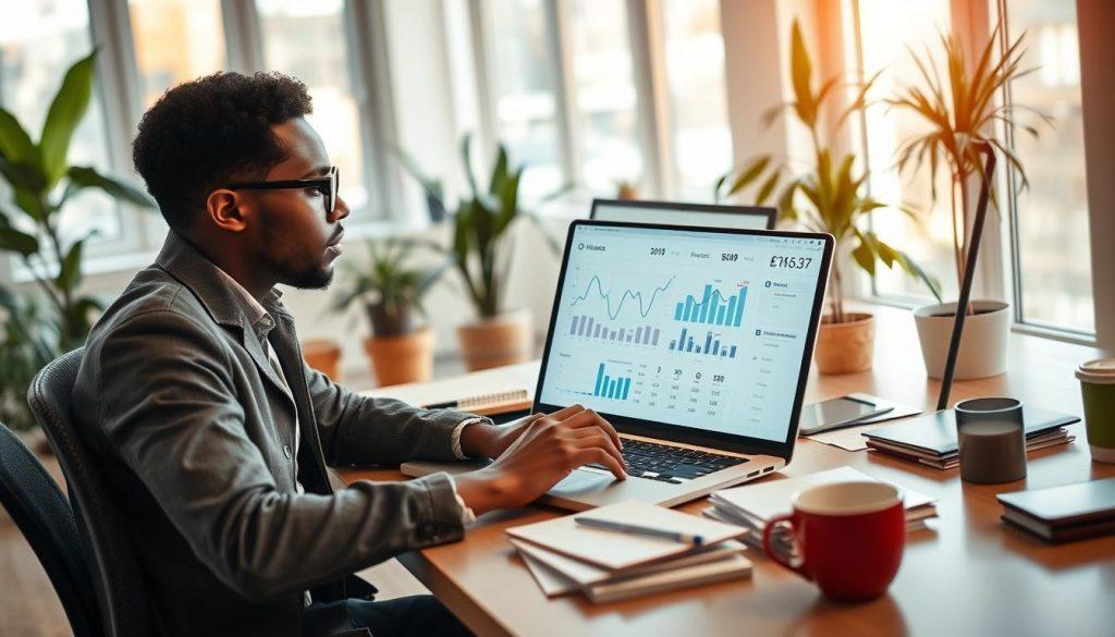 A focused workspace featuring a diverse freelancer diligently checking client sources and income figures on a laptop. In the foreground, the freelancer, a young professional in smart casual attire, sits at a modern desk cluttered with notepads and a coffee cup, deeply engaged in their work. In the middle ground, financial charts and graphs are displayed on the laptop screen, emphasizing the assessment of their freelance stability. The background showcases a bright and airy home office with large windows allowing natural light to flood in, plants adding a touch of greenery. The mood is productive and hopeful, capturing the essence of transitioning from a side job to a full-time freelance career. The lighting is warm and inviting, creating a comfortable atmosphere for focused work. A focused workspace featuring a diverse freelancer diligently checking client sources and income figures on a laptop. In the foreground, the freelancer, a young professional in smart casual attire, sits at a modern desk cluttered with notepads and a coffee cup, deeply engaged in their work. In the middle ground, financial charts and graphs are displayed on the laptop screen, emphasizing the assessment of their freelance stability. The background showcases a bright and airy home office with large windows allowing natural light to flood in, plants adding a touch of greenery. The mood is productive and hopeful, capturing the essence of transitioning from a side job to a full-time freelance career. The lighting is warm and inviting, creating a comfortable atmosphere for focused work.