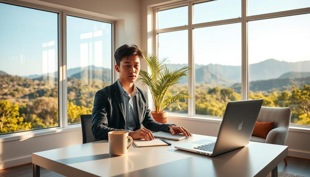 A modern digital nomad workspace in a bright, airy room with large windows overlooking a scenic landscape. In the foreground, a focused young professional in smart casual attire is seated at a sleek desk with a laptop, notepad, and a stylish coffee cup. The middle ground features a potted plant and a soft, inviting chair. In the background, vibrant greenery and mountains are visible, bathed in warm, natural light, creating an atmosphere of tranquility and inspiration. The composition emphasizes the harmonious blend of work and nature, with a cozy yet professional vibe. The image captures the essence of remote work readiness for a digital nomad, focusing on comfort and productivity. A modern digital nomad workspace in a bright, airy room with large windows overlooking a scenic landscape. In the foreground, a focused young professional in smart casual attire is seated at a sleek desk with a laptop, notepad, and a stylish coffee cup. The middle ground features a potted plant and a soft, inviting chair. In the background, vibrant greenery and mountains are visible, bathed in warm, natural light, creating an atmosphere of tranquility and inspiration. The composition emphasizes the harmonious blend of work and nature, with a cozy yet professional vibe. The image captures the essence of remote work readiness for a digital nomad, focusing on comfort and productivity.