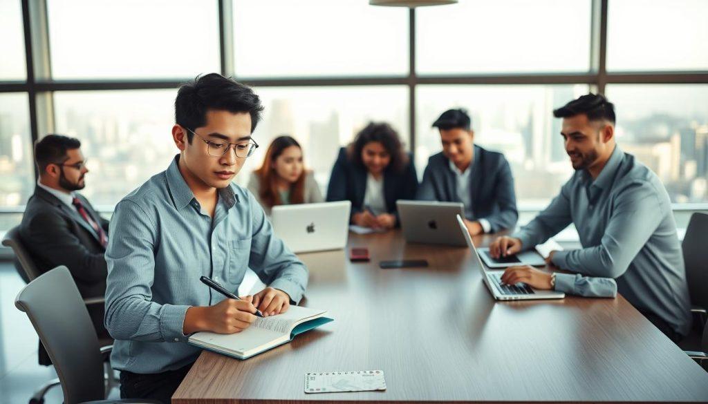 A modern office space filled with a diverse group of professionals, both male and female, dressed in business casual attire, engaged in discussions around a large conference table. In the foreground, one young adult of Asian descent writes down financial goals on a notepad, illustrating proactive planning. In the middle ground, a diverse team collaborates on laptops, showcasing teamwork and strategy for increasing income. The background features floor-to-ceiling windows with a city skyline, setting an ambitious atmosphere. Soft, natural lighting filters through the windows, creating an uplifting mood. The entire scene communicates determination and strategic goal-setting for generating additional income in a modern work environment. A modern office space filled with a diverse group of professionals, both male and female, dressed in business casual attire, engaged in discussions around a large conference table. In the foreground, one young adult of Asian descent writes down financial goals on a notepad, illustrating proactive planning. In the middle ground, a diverse team collaborates on laptops, showcasing teamwork and strategy for increasing income. The background features floor-to-ceiling windows with a city skyline, setting an ambitious atmosphere. Soft, natural lighting filters through the windows, creating an uplifting mood. The entire scene communicates determination and strategic goal-setting for generating additional income in a modern work environment.