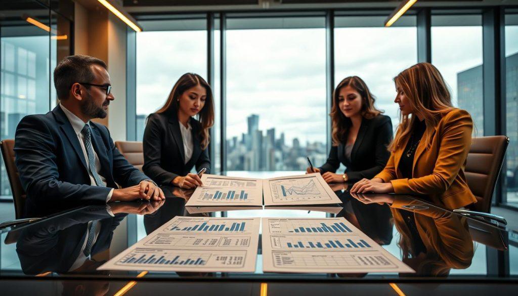 A professional business meeting scene focused on project pricing and cost analysis. In the foreground, a diverse group of three professionals, one male and two females, are gathered around a sleek conference table, reviewing financial documents and graphs. They are dressed in smart business attire, exuding a serious, collaborative atmosphere. In the middle, detailed spreadsheets and charts displaying cost breakdowns and profit calculations are spread out on the table, illuminated by warm overhead lighting, highlighting the data. In the background, a large window unveils a cityscape, symbolizing modern business environments. The mood is focused and analytical, conveying the significance of strategic pricing in project work. The angle captures both the group dynamics and the essential charts, enriching the narrative of fair pricing strategies. A professional business meeting scene focused on project pricing and cost analysis. In the foreground, a diverse group of three professionals, one male and two females, are gathered around a sleek conference table, reviewing financial documents and graphs. They are dressed in smart business attire, exuding a serious, collaborative atmosphere. In the middle, detailed spreadsheets and charts displaying cost breakdowns and profit calculations are spread out on the table, illuminated by warm overhead lighting, highlighting the data. In the background, a large window unveils a cityscape, symbolizing modern business environments. The mood is focused and analytical, conveying the significance of strategic pricing in project work. The angle captures both the group dynamics and the essential charts, enriching the narrative of fair pricing strategies.