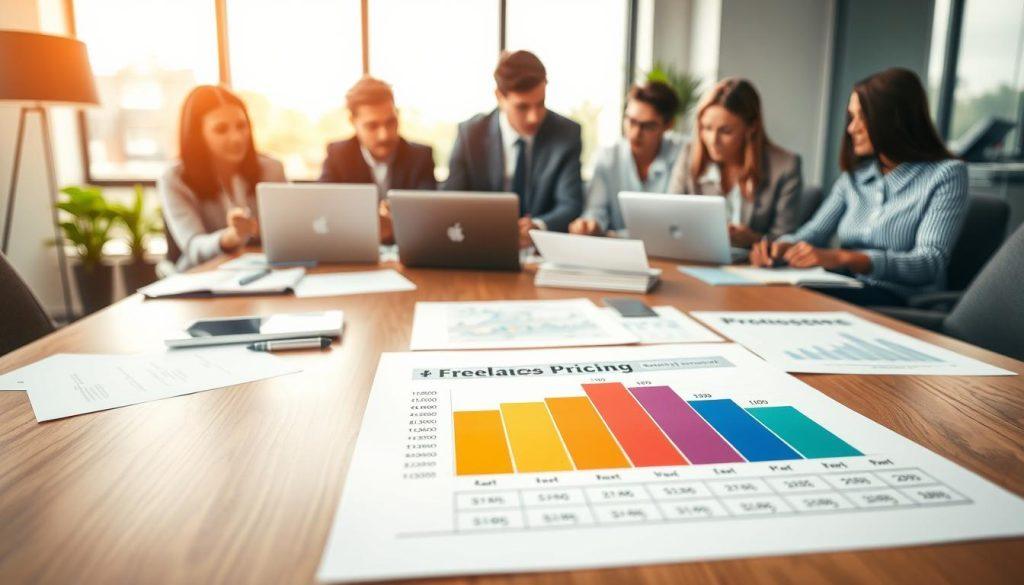 A professional workspace featuring a sleek wooden table filled with various documents and charts comparing project pricing in freelance work. In the foreground, a close-up view of a colorful bar graph illustrating price differences among common project types, with detailed labels for clarity. In the middle, diverse professionals in business attire discuss over laptops and annotated papers, showcasing collaboration and negotiation. In the background, a large window offers natural light, casting a warm glow on the scene, enhancing a sense of productivity and professionalism. The atmosphere is focused and dynamic, with a slight blur on the edges to draw attention to the pricing comparison table, creating a balance between detail and general context. A professional workspace featuring a sleek wooden table filled with various documents and charts comparing project pricing in freelance work. In the foreground, a close-up view of a colorful bar graph illustrating price differences among common project types, with detailed labels for clarity. In the middle, diverse professionals in business attire discuss over laptops and annotated papers, showcasing collaboration and negotiation. In the background, a large window offers natural light, casting a warm glow on the scene, enhancing a sense of productivity and professionalism. The atmosphere is focused and dynamic, with a slight blur on the edges to draw attention to the pricing comparison table, creating a balance between detail and general context.