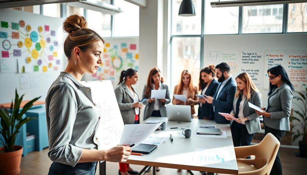 A vibrant, professional setting showcasing a diverse group of freelancers brainstorming together in a modern co-working space. In the foreground, a focused female freelancer sketches ideas on a whiteboard, dressed in smart casual attire. In the middle, a diverse group stands around a table, analyzing target audience data with laptops and charts, each dressed in professional business attire. Bright, natural light fills the room through large windows, casting soft shadows and creating an inspiring atmosphere. The background features colorful mind maps and inspirational quotes on the walls, emphasizing creativity and collaboration. The overall mood is energetic and focused, perfect for illustrating the journey of selecting freelance directions and identifying target clients. A vibrant, professional setting showcasing a diverse group of freelancers brainstorming together in a modern co-working space. In the foreground, a focused female freelancer sketches ideas on a whiteboard, dressed in smart casual attire. In the middle, a diverse group stands around a table, analyzing target audience data with laptops and charts, each dressed in professional business attire. Bright, natural light fills the room through large windows, casting soft shadows and creating an inspiring atmosphere. The background features colorful mind maps and inspirational quotes on the walls, emphasizing creativity and collaboration. The overall mood is energetic and focused, perfect for illustrating the journey of selecting freelance directions and identifying target clients.